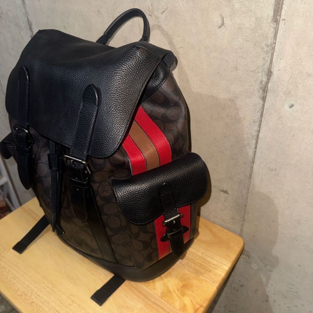 Coach Black and Brown Backpack with Red Stripe